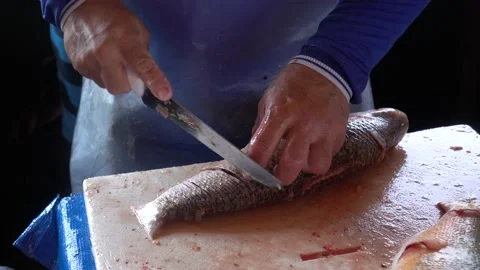 Close up of man fishmonger hands slicing fresh fish with sharp knife in market. Stock Footage 147194774