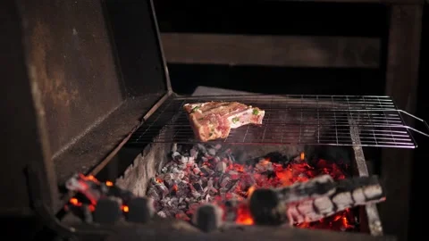 Close-up of a man frying pork steak over a campfire on a grill in the evening. Stock Footage 294678573