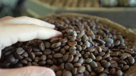 Close up man hand grab brown coffee bean in busket for coffee concept Stock Footage 120815042