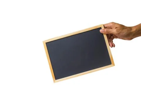 Close-up a man hand holding small blackboard or chalkboard against white back Stock Photos