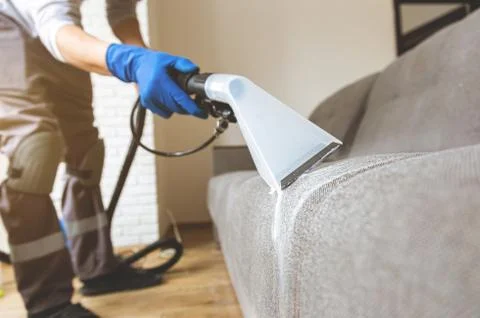 Close up man hand in protective rubber glove cleaning sofa with professionally Stock Photos