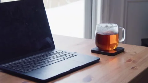 Close Up Man Hand Taking Tea Cup Near Laptop Steam Stock Footage 330091891