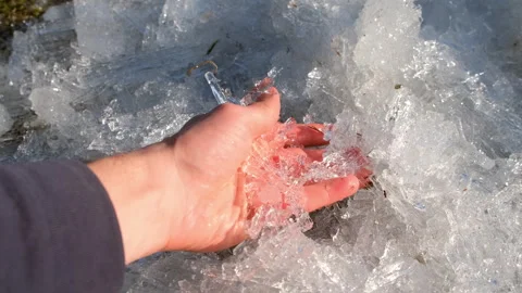 Close-up man hand touching broken ice crystals on the land in spring day. Stock Footage 311861177