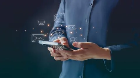 Close up Man hand using smartphone with popup  email. Get feedback marketing  Stock Photos