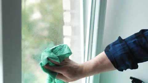 Close up of a man hand wiping and polishing window glass with a green micro.. Vídeo Stock 340159322