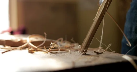 Close Up Man Hands Beautiful Wood Carving Stock Footage 96545083