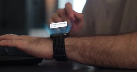 Close up of man hands checking 3d rendering incoming notification on smart watch Stock Footage 261166234