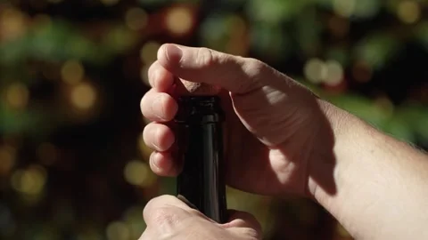 Close-up of man hands opening a bottle of champagne with Christmas tree lig.. Stock Footage 293781314