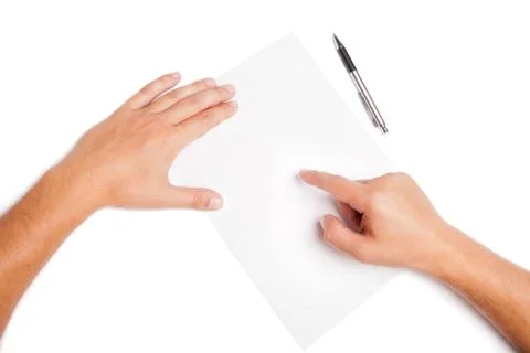 Close-up man hands pointing on white blank Foto stock