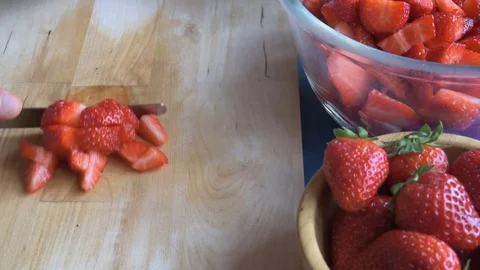Close Up Man Hands Slicing Fresh Organic Strawberries Stock Footage 76634918