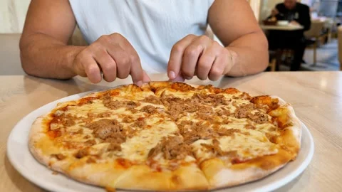 Close Up Man Hands Taking Slice of Hot Fresh Baked Tuna Pizza Video stock 347200178