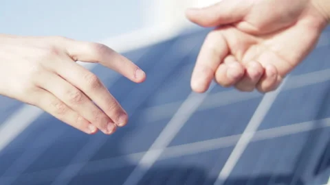 Close up man hands touch solar batteries Video stock 167839683