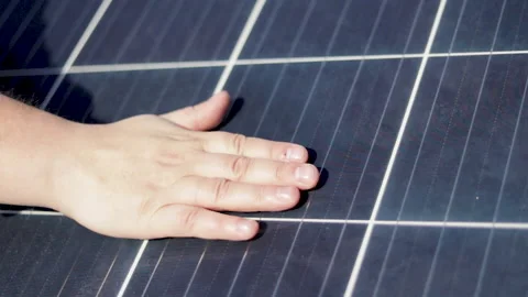 Close up man hands touch solar batteries Vídeo Stock 167839780