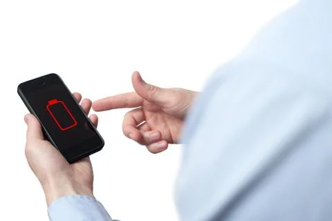 Close up man hands using smart phone battery low charged battery screen Stock Photos