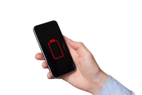 Close up man hands using smart phone battery low charged battery screen. Whit Stock Photos