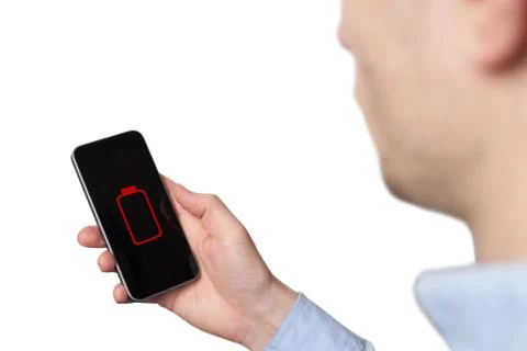 Close up man hands using smart phone battery low charged battery screen. Whit Stock Photos