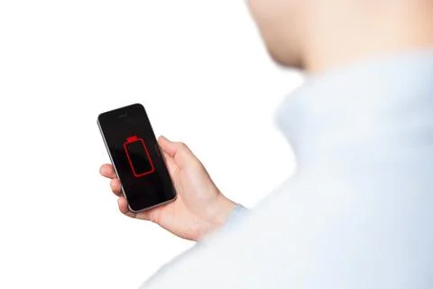 Close up man hands using smart phone battery low charged battery screen. Whit Stock Photos