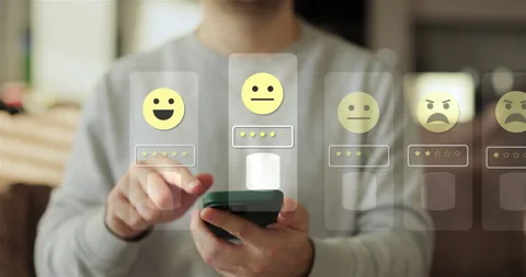 Close-up of man hands using smartphone, rating of the quality of service,store Stock Footage 303341354