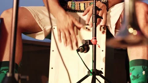 Close-up, a man with his hands plays the cajon during an acoustic rock concert Stock Footage 200795750