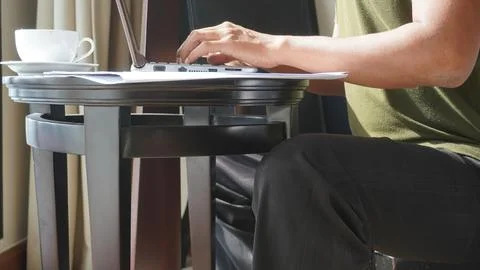 Close up a man hold and use portable device gadget 스톡 사진