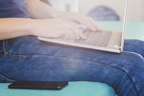 Close-up. man with laptop. Guy with computer Stock Photos