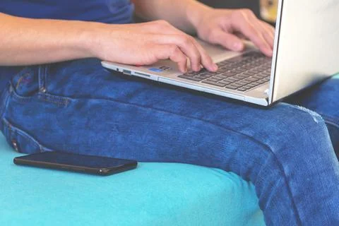 Close-up. man with laptop. Guy with computer Stock Photos