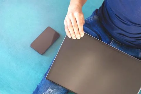 Close-up. man with laptop.Guy with computer Stock Photos