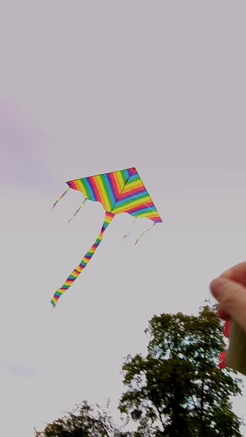 Close-up, man launching a flying, bright, colorful, rainbow kite into the blue Stock Footage 320346730