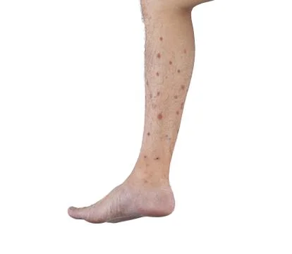 Close up of a man leg with allergy to insect, mosquito, or bug bites isolated Stock Photos