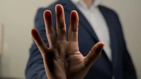 A close-up of man palm presses against a digital control glass as biom 库存影片 328070183