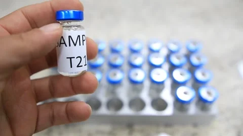 A close up from a man picking up a vial with a liquid labelled as sample inside  Stock Footage 254600654