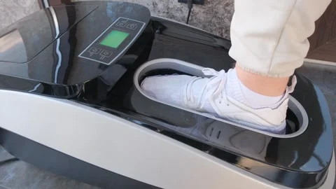 Close-up of a man putting on shoe covers in an automatic machine. Stock Footage 241004437
