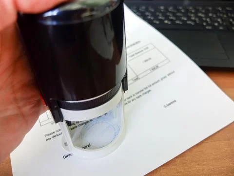 Close-up of a man putting a stamp on a document. Business concept Stock Photos