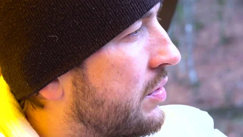 Close-up man. Rises in the mountains on a cable car. Stock Footage 134250704