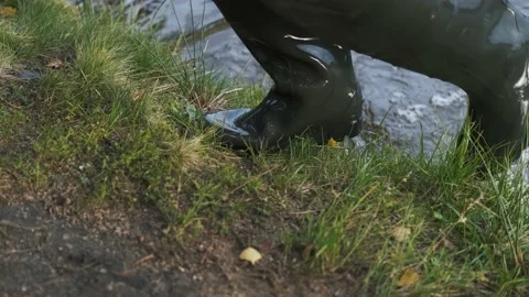 Close-up of a man in rubber boots comes ashore from the lake Stock Footage 236295760