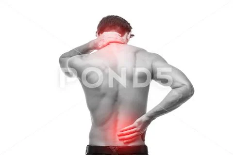 Close up of man rubbing his painful back. Pain relief, chiropractic concept Stock Photos