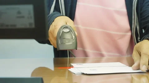 Close up Man scaning barcode for transfer data to computer. Stock Footage 172342350