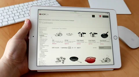 Close up man shopping cookware on ipad display Video stock 65780178