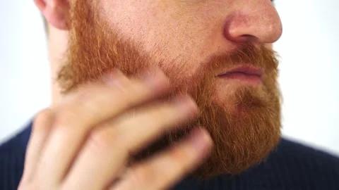 Close up the man shows his red beard stroking his Stock Footage 234691896
