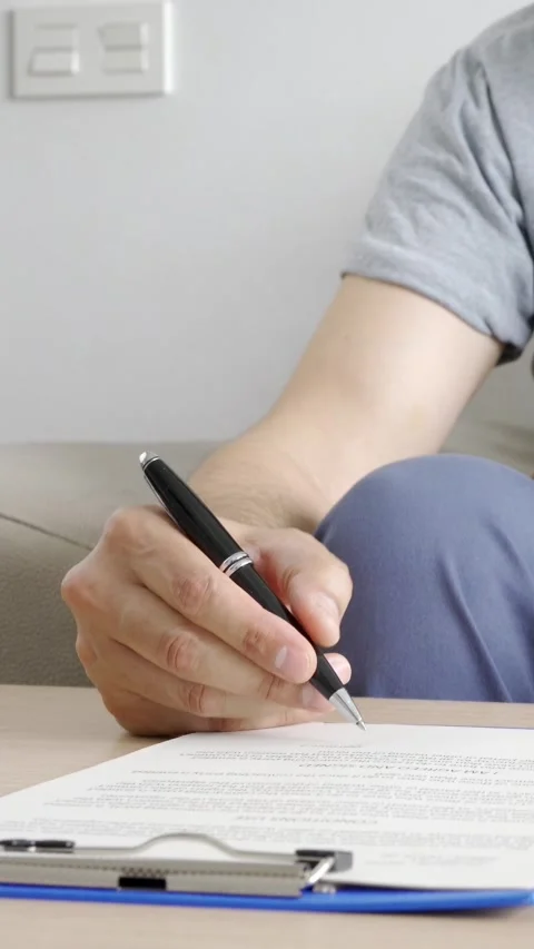 Close-up on a man signing a deed while buying a house Vídeos de archivo 337033486