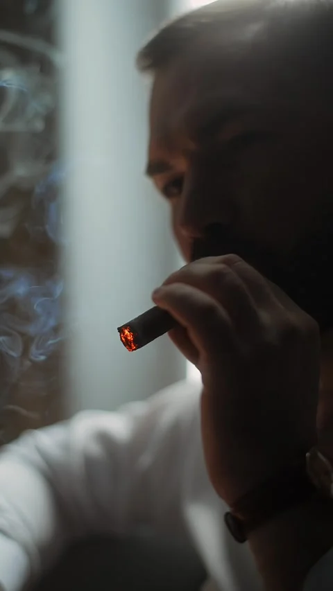 Close-up of man smoking cigar in dim light, stylish male hand with wristwatch Stock Footage 318930561