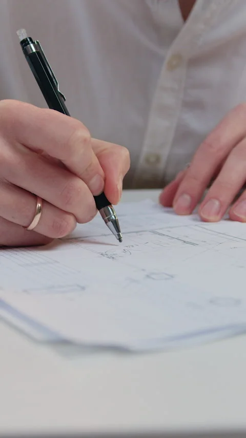 Close up. Man in stylish clothes sitting at kitchen table and working with impor Stock Footage 334680017