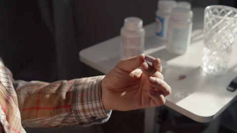 Close Up Man Swallows Pill Drinks Water Vitamins Macro Stock Footage 330091823