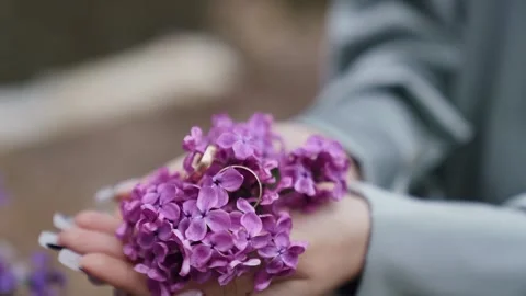 Close up. Man takes wedding rings on small lilac flowers Stock Footage 205036294