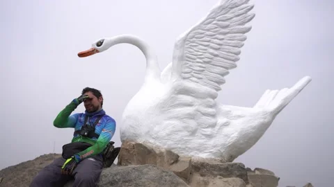 Close-up of a man talking to the camera next to a sculpture of a swan  Video stock 145111289