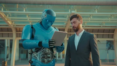 Close up man talking with humanoid robot use tablet computer shows the way Stock Footage 133300949