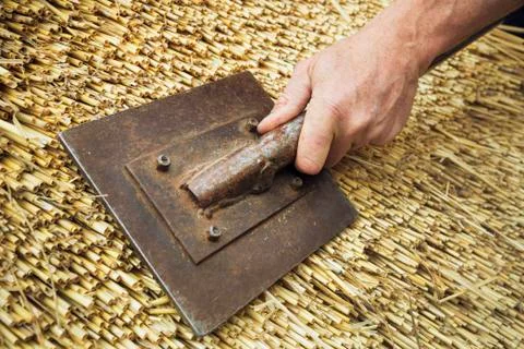 Close up of a man thatching a roof, dressing the thatch using a leggett. Stock Photos