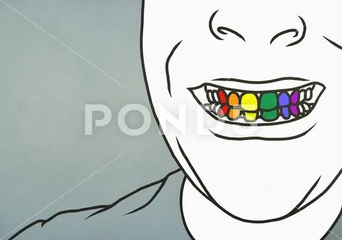 Close up man with toothy smile showing rainbow teeth Stock Illustration