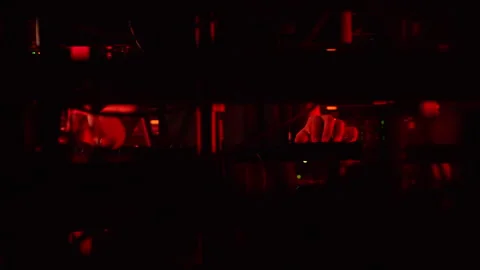 Close up of a man trying to fix an error on a computer in a server room Stock Footage 287406232