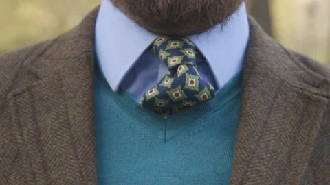 Close-up of a man in a tweed jacket, patterned tie, and sweater outdoors in Stock Footage 296748406